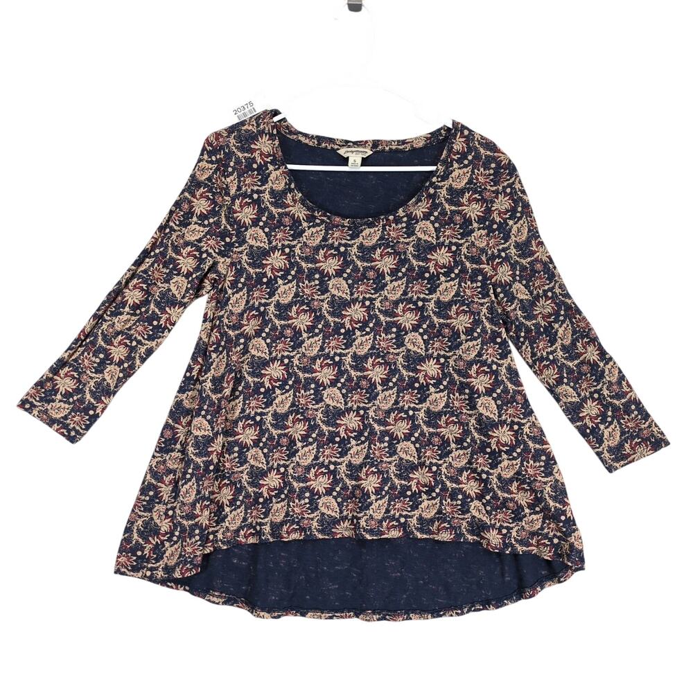 Lucky Brand Women's S Floral Top, High-Low Hem, 3/4 Sleeve Country Academia Boho